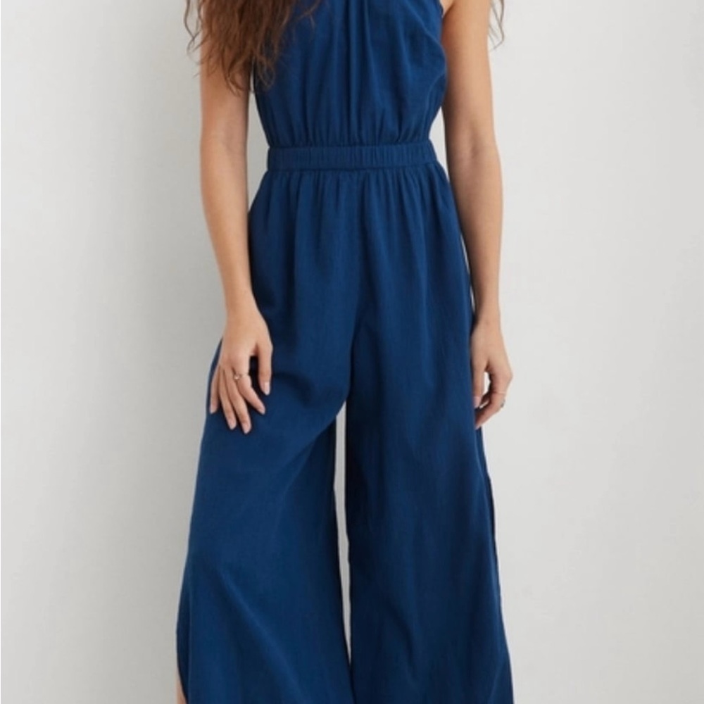 Aerie Blue Sleeveless Halter Romper Jumpsuit with Wide-Leg Design